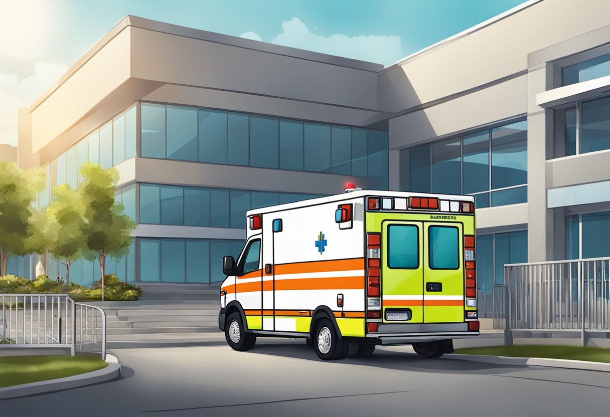 Uma ambulância da Unimed estacionada em frente a um hospital, com paramédicos colocando uma maca na parte de trás.