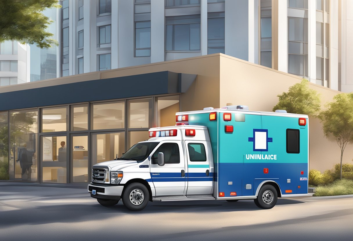 Uma ambulância com o logo da Unimed estacionada do lado de fora de um prédio, com várias opções de cobertura e planos exibidas em um cartaz próximo.