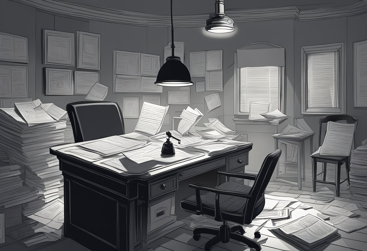 A dimly lit room with scattered papers and a lone desk lamp. A detective's magnifying glass hovers over a cryptic note