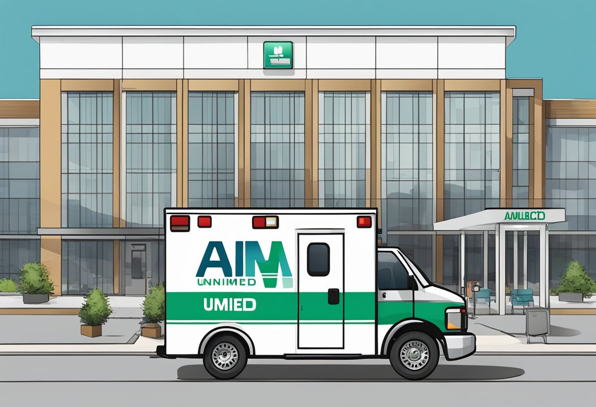 Uma ambulância com o logo da Unimed, estacionada em frente a um hospital, com profissionais de saúde assistindo um paciente.
