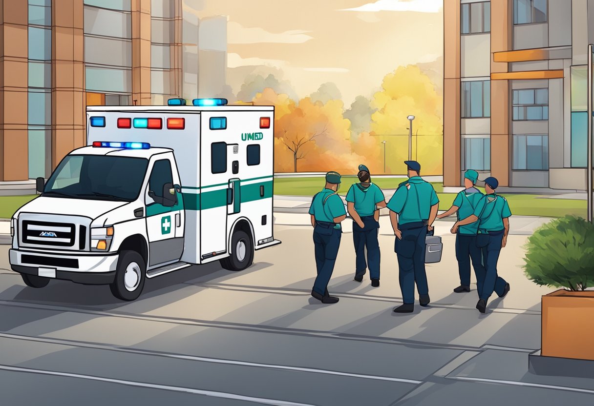 Uma ambulância da Unimed estacionada do lado de fora de um hospital, com as luzes piscando e paramédicos atendendo a um paciente em uma maca.