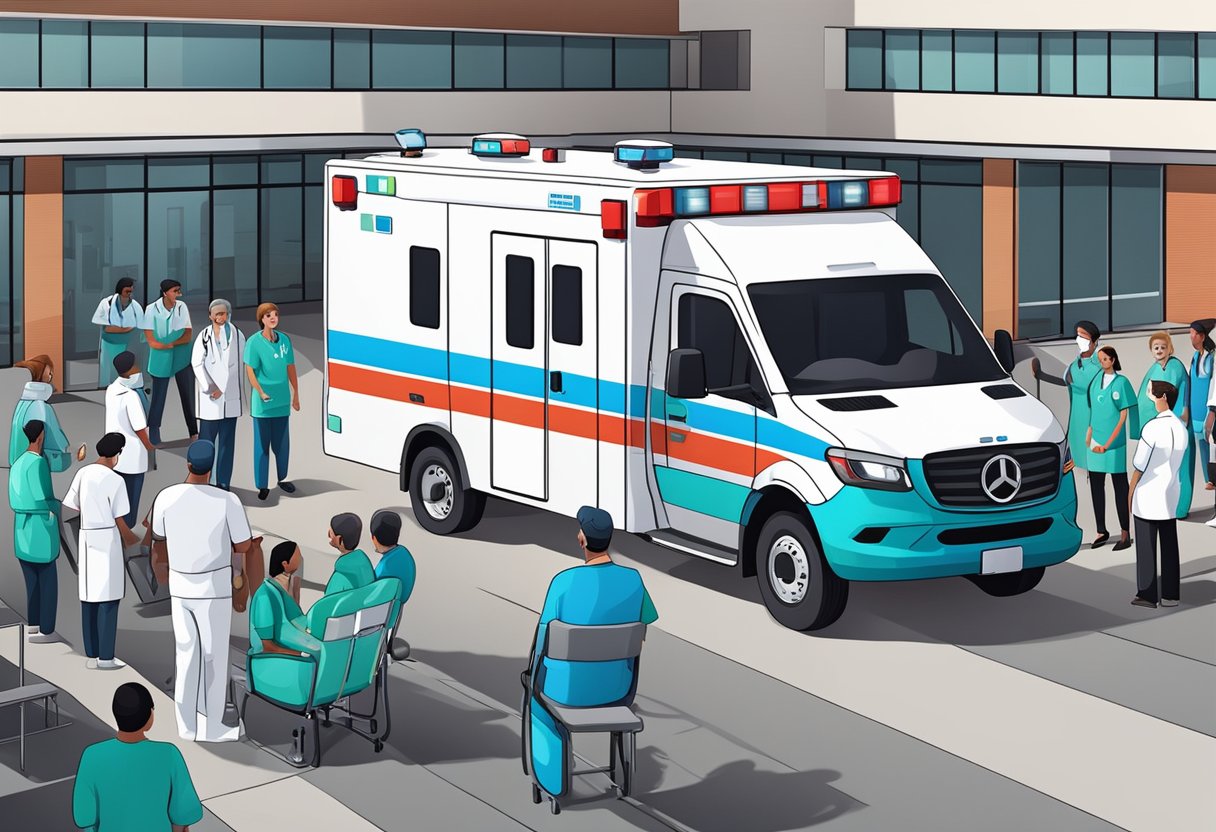 Uma ambulância moderna da Unimed estacionada do lado de fora de um hospital, cercada por profissionais de saúde e pacientes.