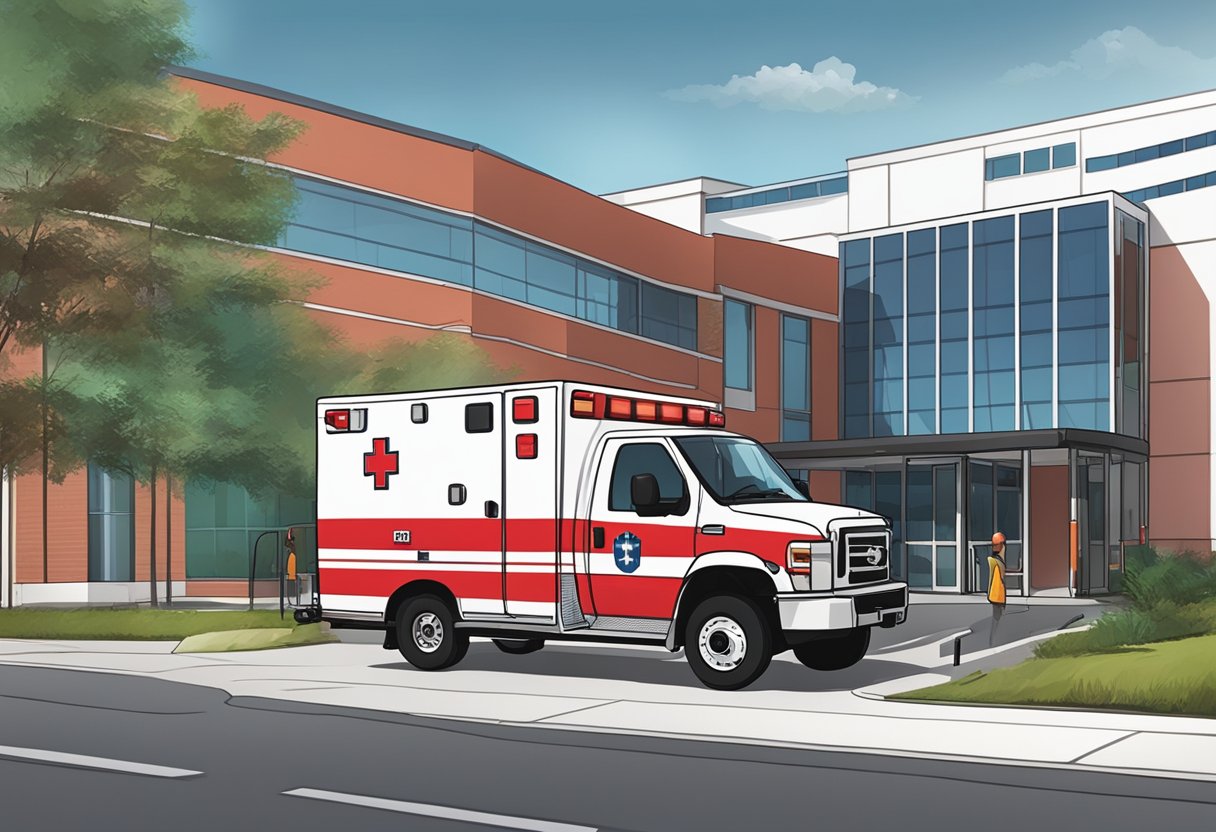 Uma ambulância da Unimed vermelha e branca estacionada do lado de fora de um hospital, com suas luzes piscando e um paramédico em pé nas proximidades.