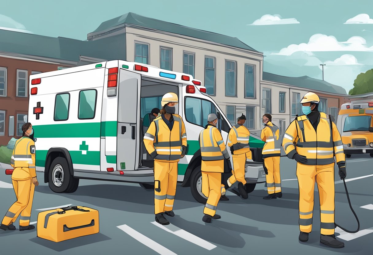 Uma equipe multidisciplinar treina em torno de uma ambulância da Unimed