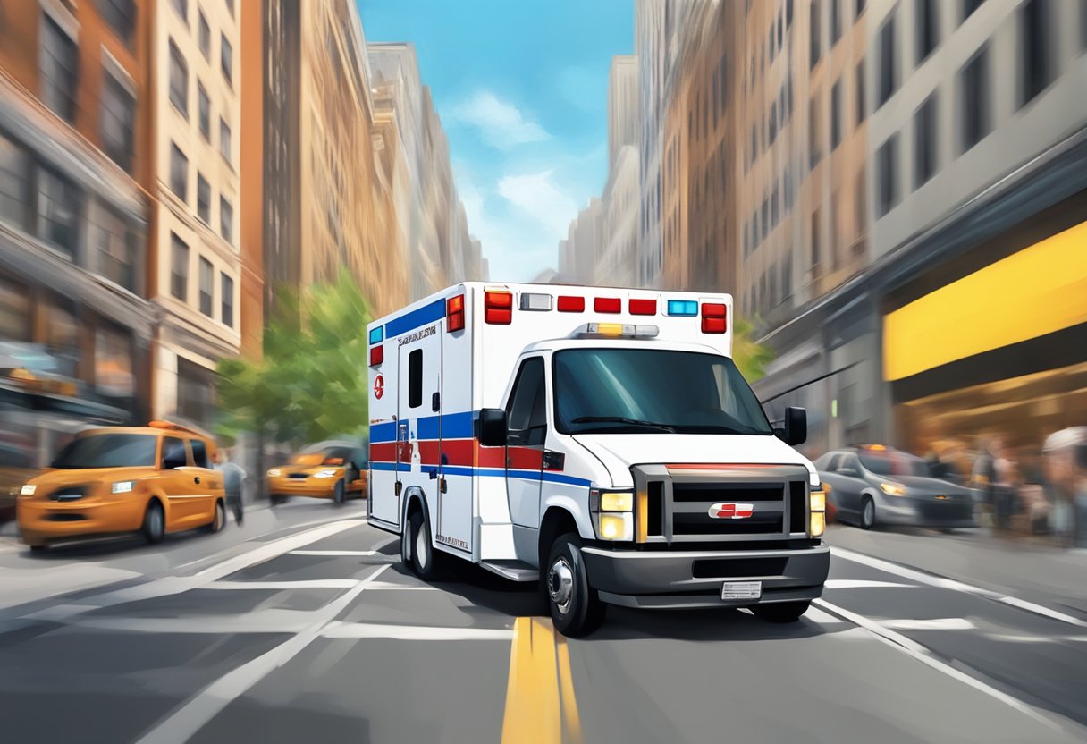 Uma ambulância da Unimed correndo por uma rua movimentada da cidade, com luzes piscando e sirenes soando, enquanto se apressa para atender a um chamado de emergência.