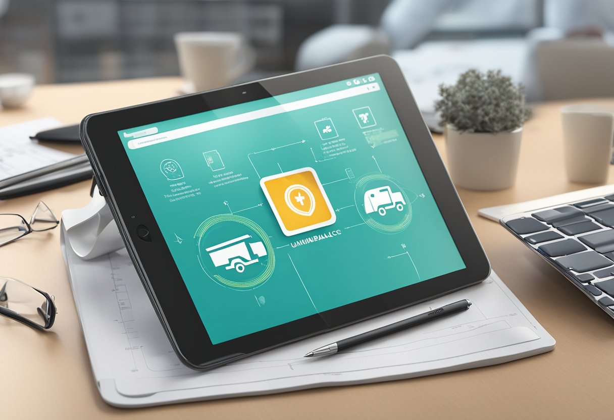 Um tablet digital exibindo o logo da Unimed com um ícone de ambulância e várias opções de plano na tela
