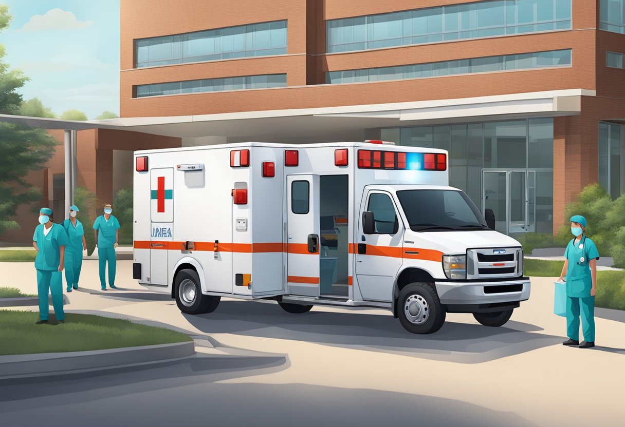 Uma ambulância da Unimed estacionada do lado de fora de um hospital, com equipe médica e equipamentos visíveis através das portas abertas