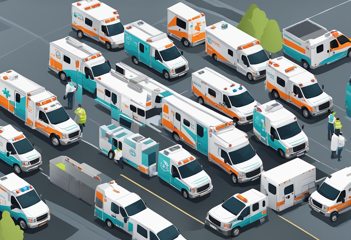 Uma frota de ambulâncias da Unimed sendo gerenciada e mantida em uma instalação movimentada e bem equipada.