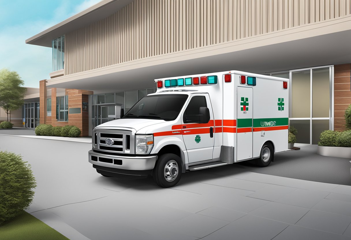 Uma ambulância da Unimed estacionada do lado de fora de uma unidade de saúde, com o logo da Unimed exibido de forma destacada no veículo.