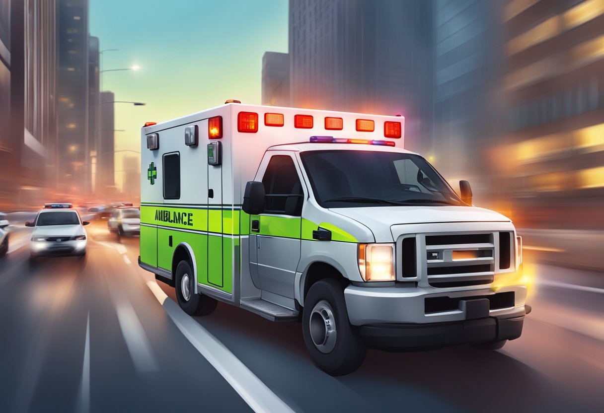 Uma ambulância da equipe de emergência da Unimed correndo pelo tráfego com luzes piscando e sirenes soando