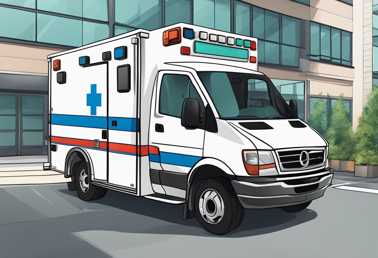 Uma ambulância estacionada do lado de fora de um hospital, com as portas abertas e equipamentos médicos visíveis dentro.