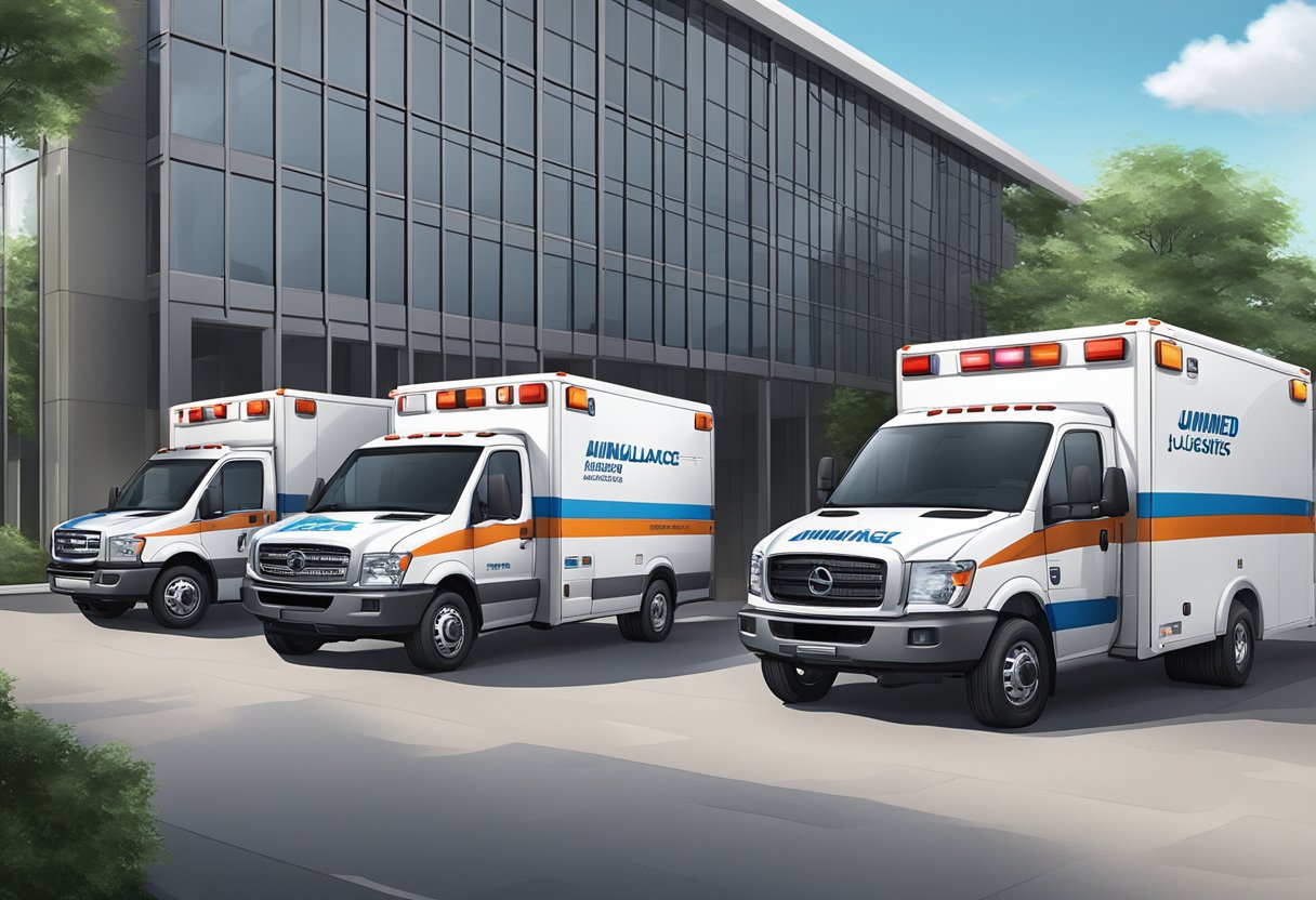 Uma ambulância da Unimed estacionada do lado de fora de um prédio de gestão e logística