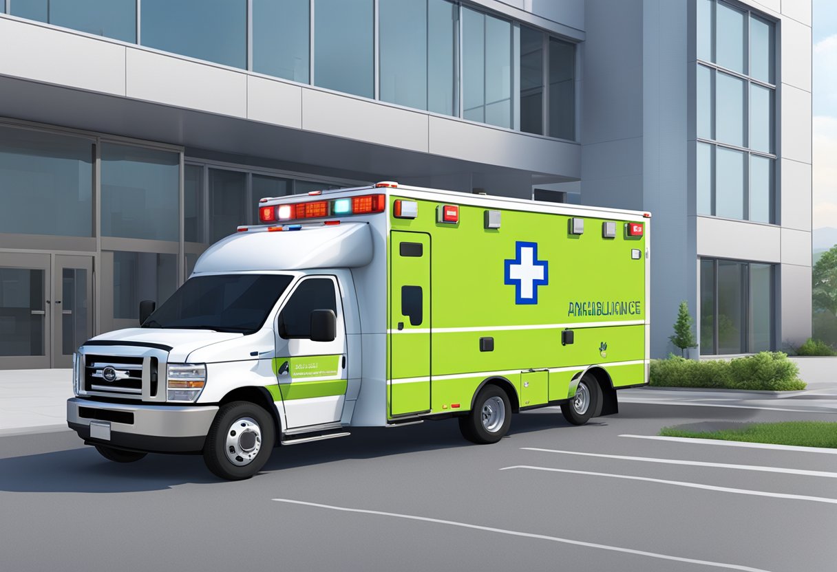 Uma ambulância da Unimed estacionada do lado de fora de um moderno centro de serviços digitais com rampa para cadeirantes e sinalização acessível.