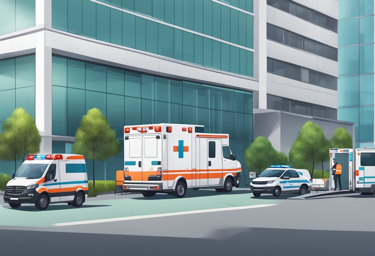 Uma ambulância estacionada do lado de fora de um hospital moderno, com equipamentos e suprimentos médicos sendo carregados por paramédicos.