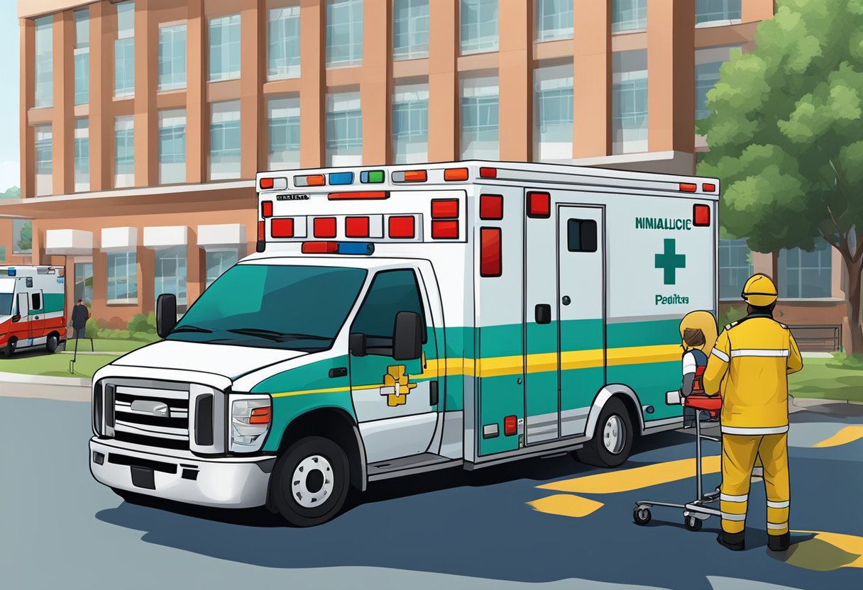 Uma ambulância da Unimed estacionada do lado de fora de um hospital, com paramédicos descarregando uma maca