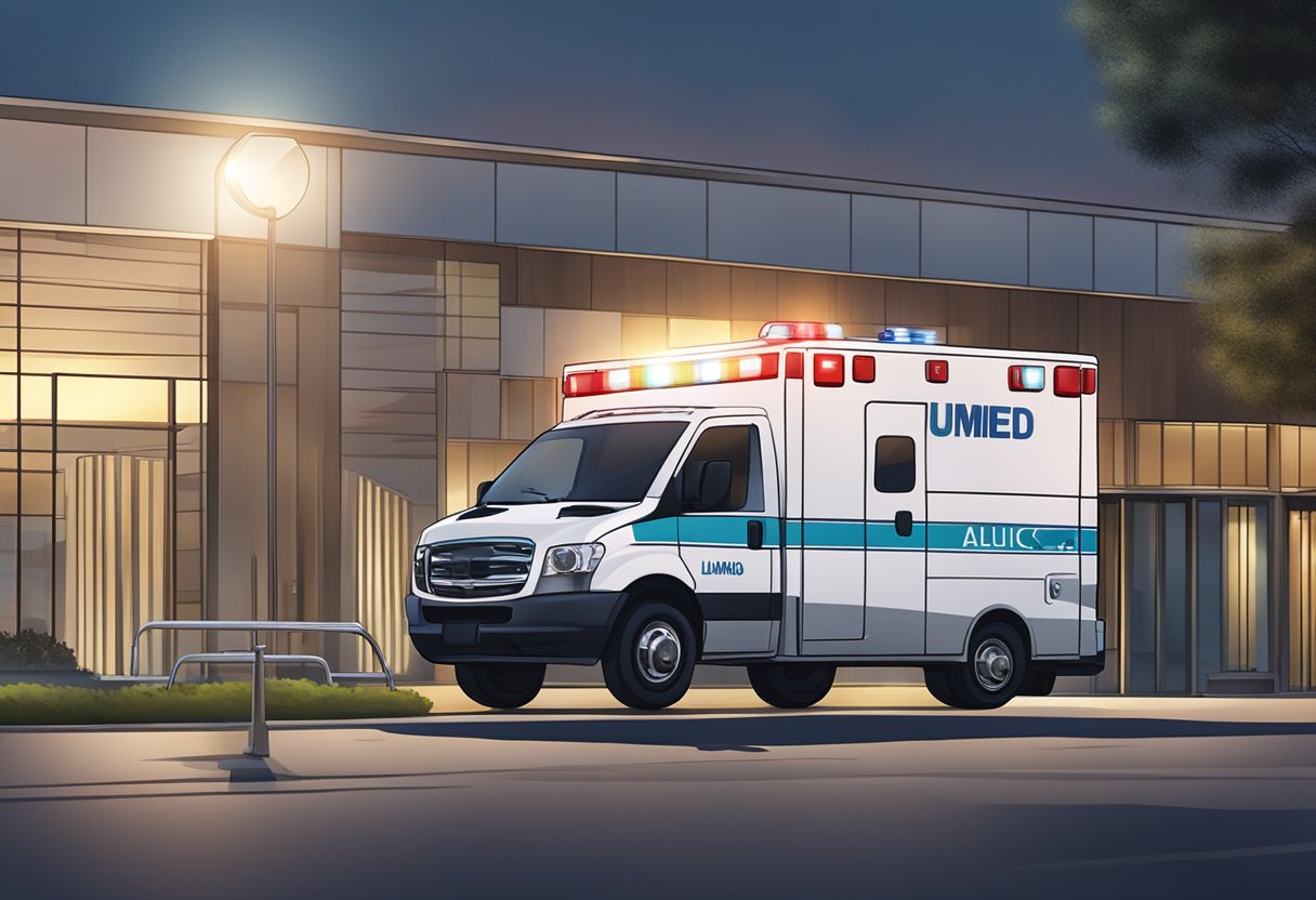 Unimed Ambulância: Serviços Essenciais para Emergências Médicas 1 Uma ambulância com o logo da Unimed estacionada do lado de fora de um hospital, com luzes de emergência piscando