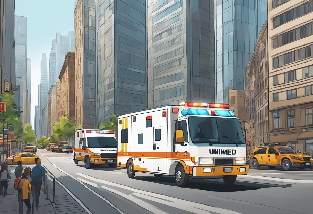 Unimed Ambulância: Serviços Essenciais para Emergências Médicas 3 Uma ambulância da Unimed correndo por uma rua da cidade com sua sirene acionada, cercada por altos prédios e um tráfego movimentado.
