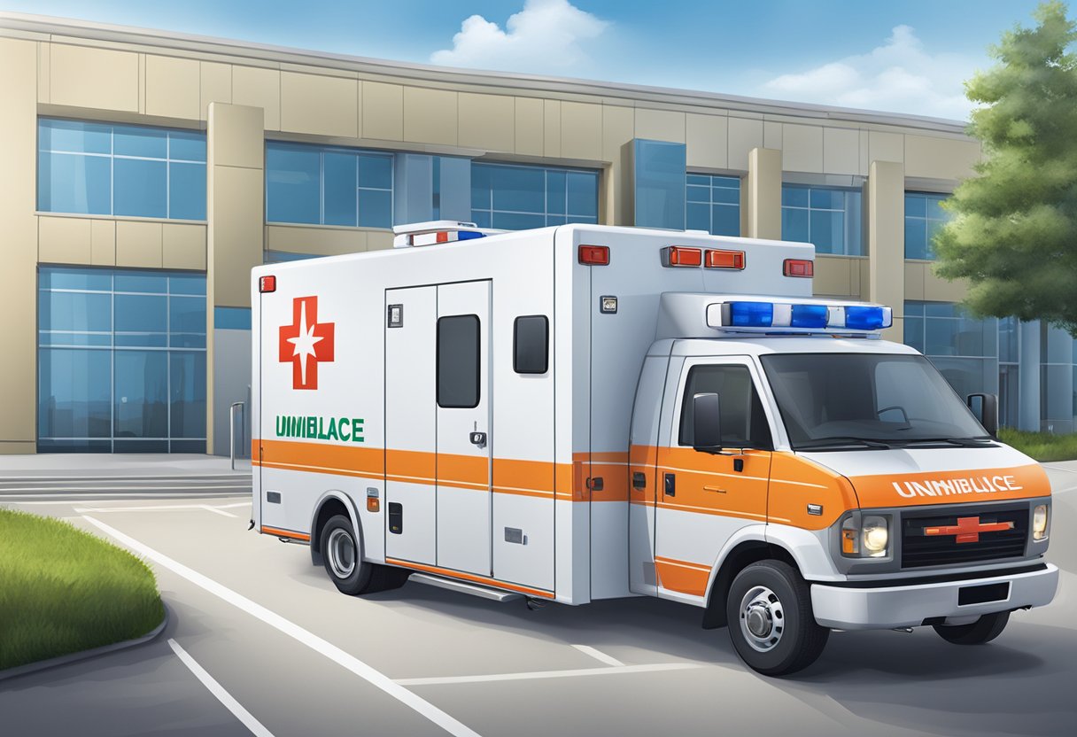 Unimed Ambulância: Serviços Essenciais para Emergências Médicas 4 Uma ambulância da Unimed estacionada do lado de fora de uma instalação moderna de infraestrutura e logística.