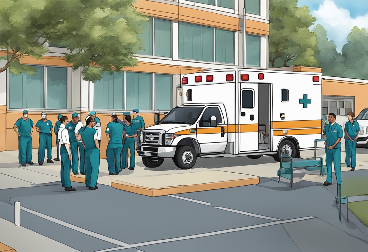 Unimed Ambulância: Serviços Essenciais e Benefícios para Emergências 3 Uma ambulância da Unimed estacionada do lado de fora de uma instalação de treinamento, com uma equipe de profissionais médicos reunida nas proximidades.