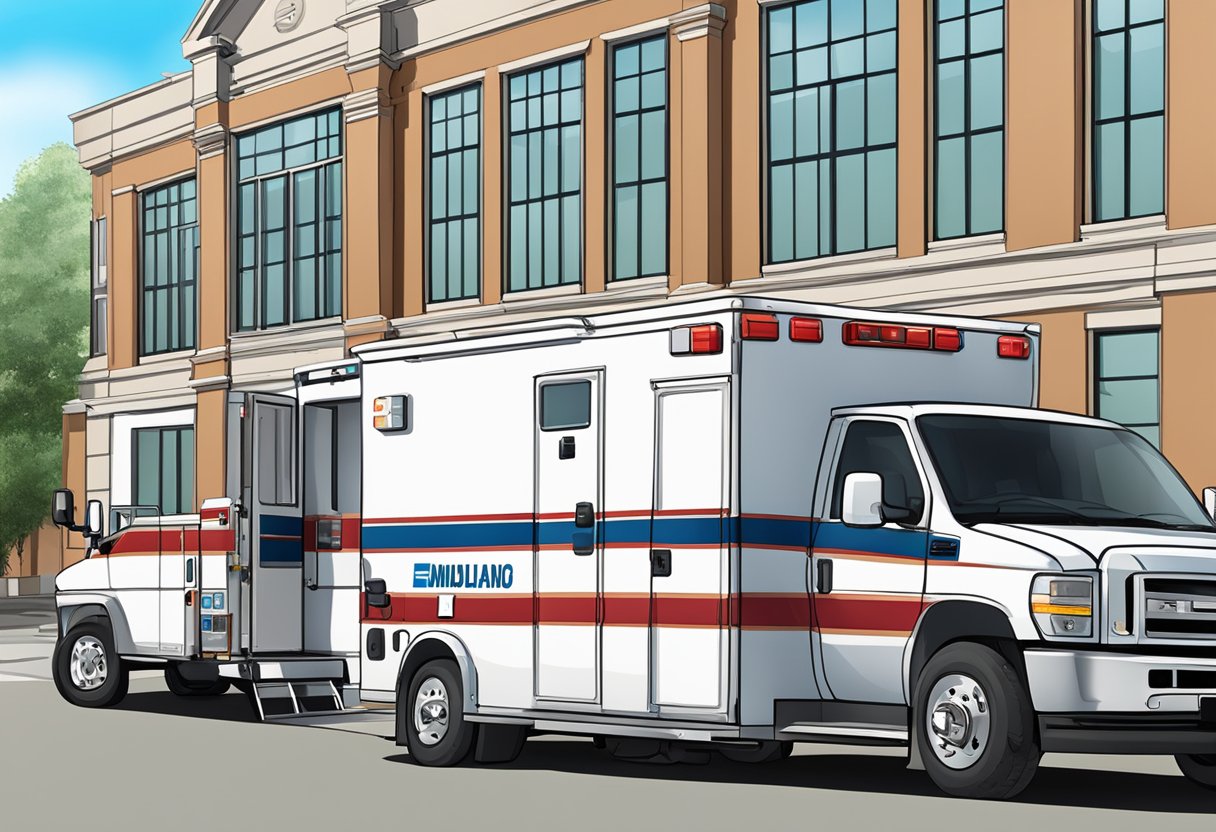 Unimed Ambulância: Serviços Essenciais e Benefícios para Emergências 4 Uma ambulância da Unimed estacionada do lado de fora de um prédio com rampas para cadeirantes e entradas acessíveis