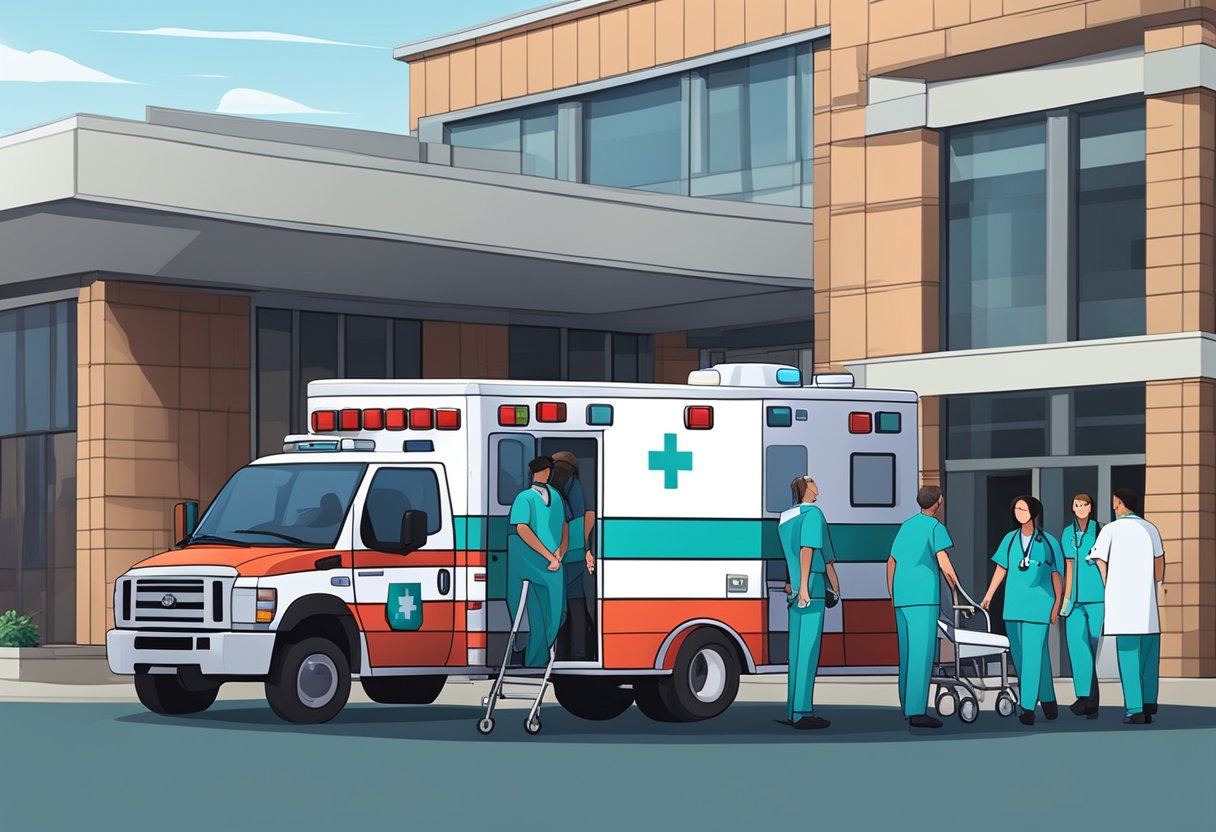 Unimed Ambulância: Serviços Essenciais e Benefícios para Emergências 5 Uma ambulância da Unimed estacionada em frente à entrada de emergência de um hospital, com a equipe médica auxiliando um paciente em uma maca.