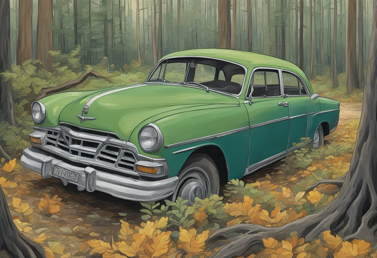 The abandoned car of James and Margaret Dutton sits at the edge of a dense forest, with the driver's side door left ajar and the keys still in the ignition