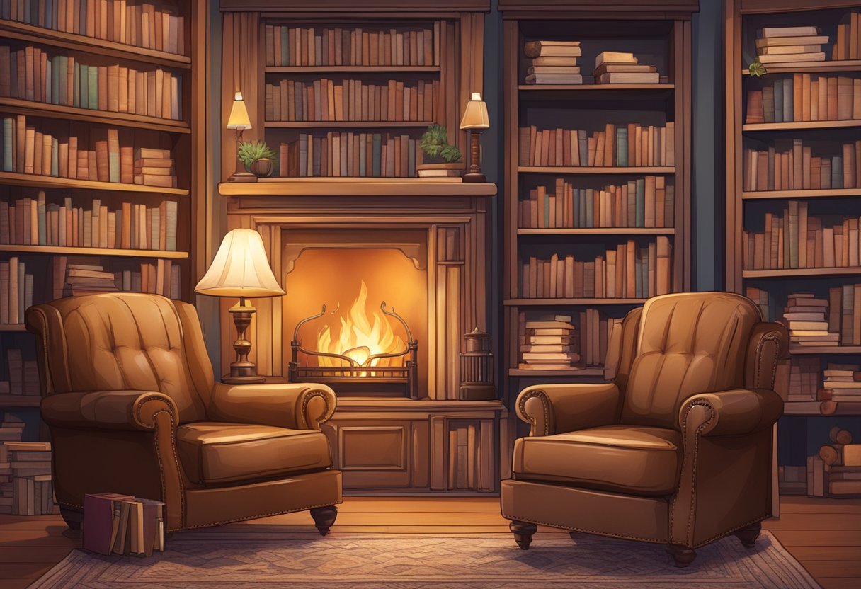 A cozy living room with a crackling fireplace, a worn leather armchair, and a bookshelf filled with well-loved novels