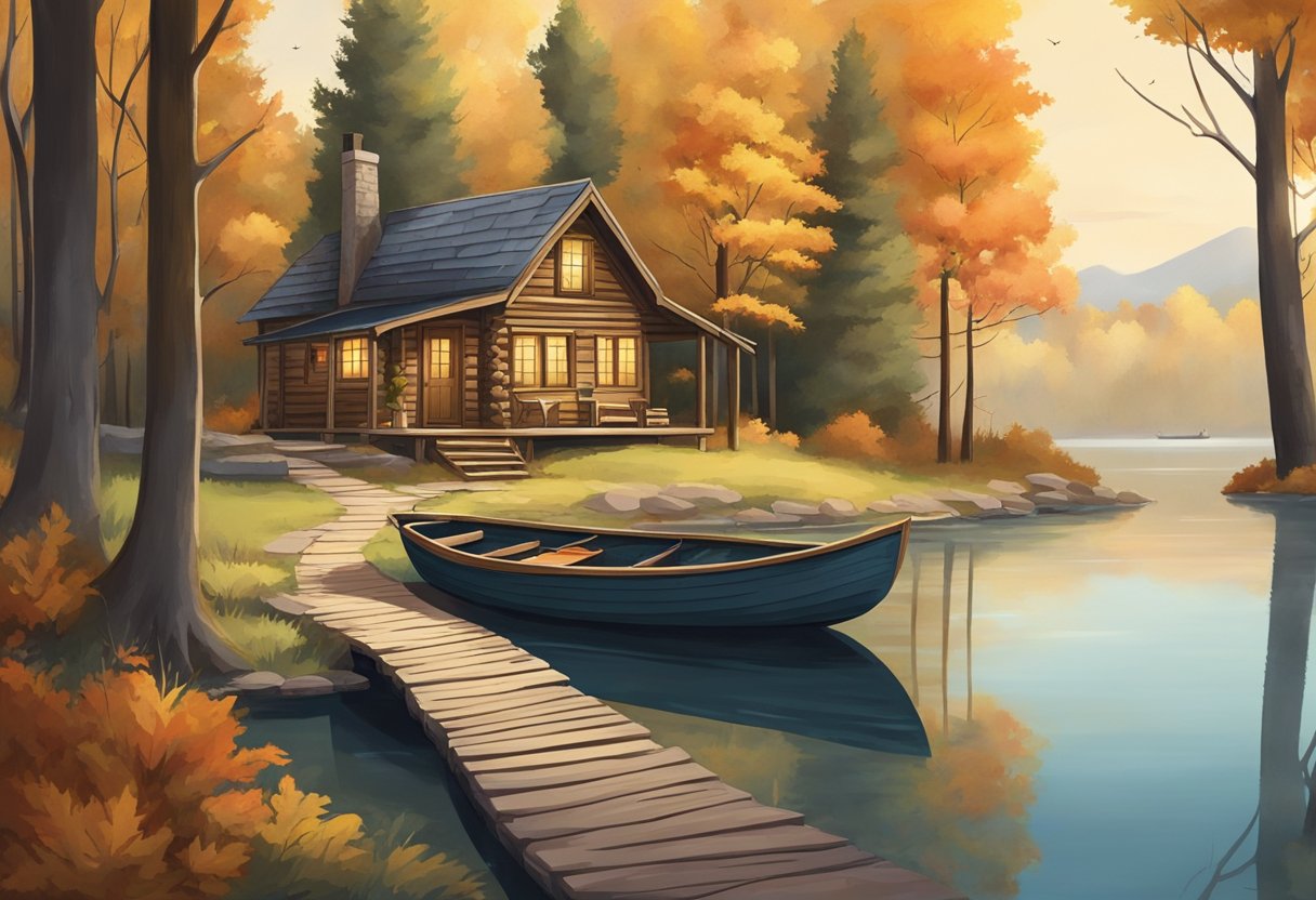 A rustic cabin in the woods, with a winding path leading to a secluded lake. Surrounding trees show signs of autumn, and a small rowboat sits on the water's edge