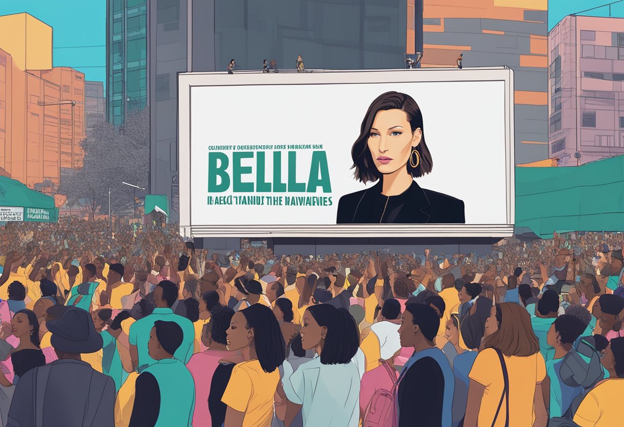 A crowd gathers around a billboard featuring Bella Hadid, with bold text calling for advocacy and awareness