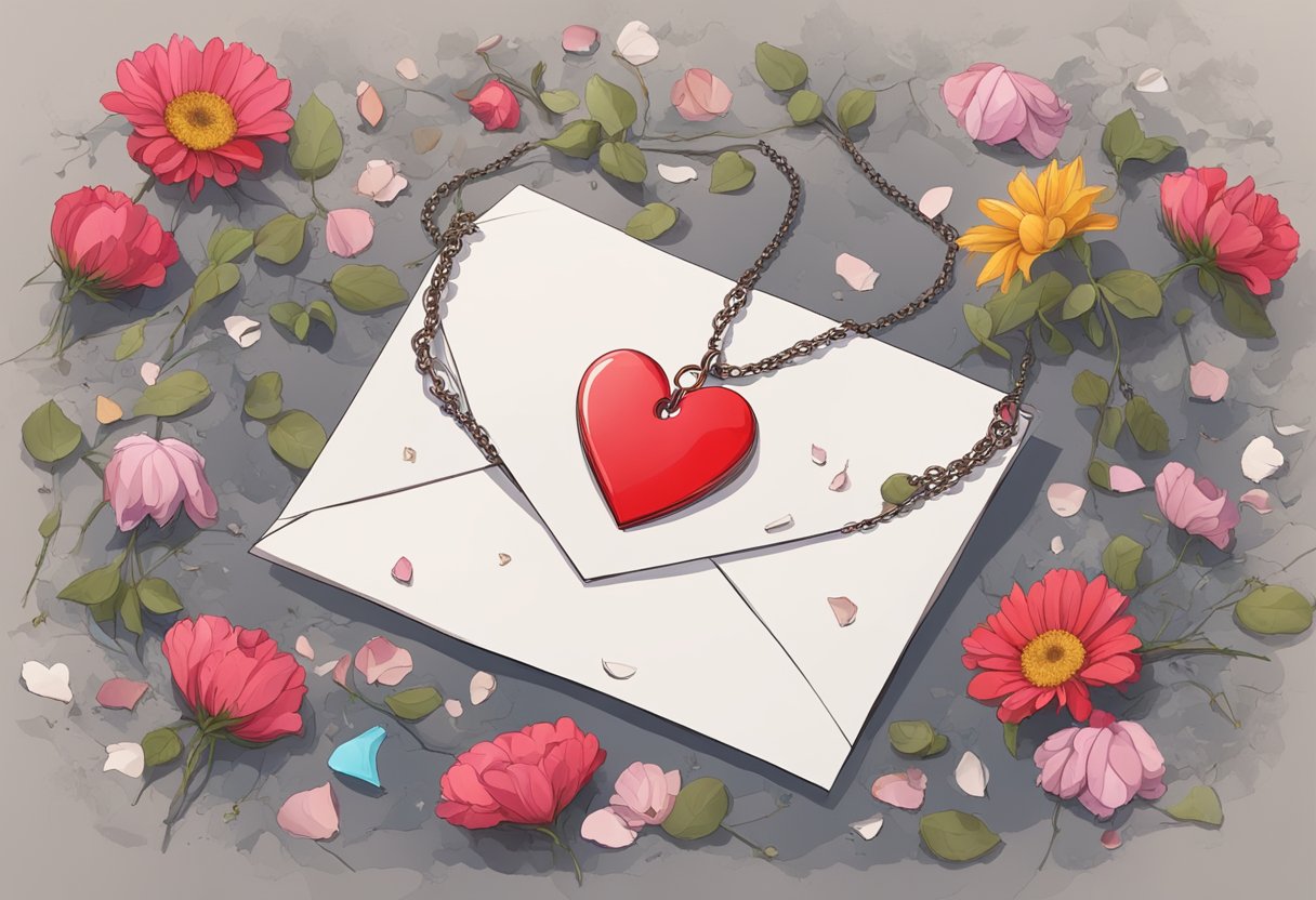 A broken heart-shaped necklace lies abandoned on the ground, surrounded by wilted flowers and a tear-stained letter