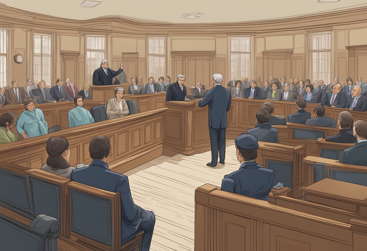 A courtroom with a judge presiding over a legal case, while lawyers and onlookers observe the proceedings