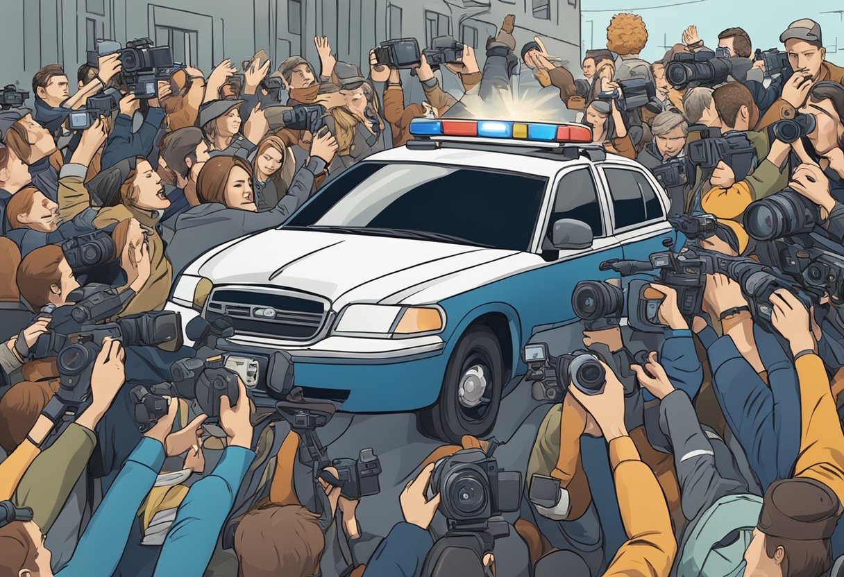 A crowd of reporters surround a police car, cameras flashing as officers escort a woman into the vehicle. Paparazzi jostle for the best angle, capturing the dramatic moment