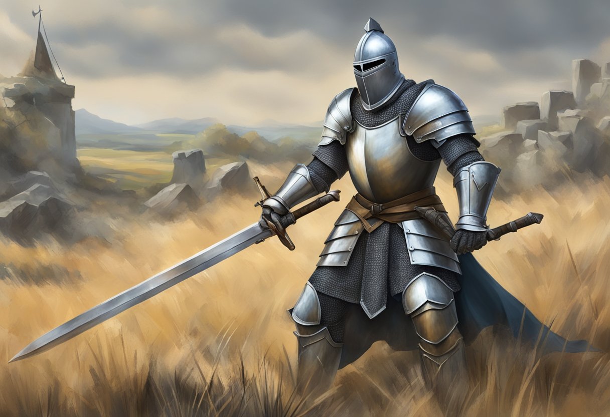 The knight from the challenge stands defeated, armor dented and sword broken, surrounded by the remnants of a fierce battle