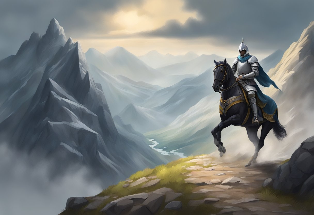 A knight traverses a treacherous mountain pass, facing obstacles and adversaries on The Challenge