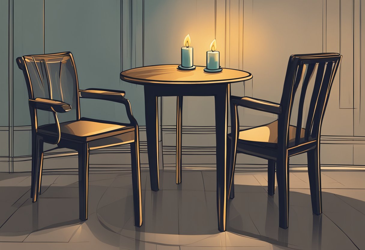 Two empty chairs facing each other, one slightly tilted, in a dimly lit room with a single flickering candle on a table