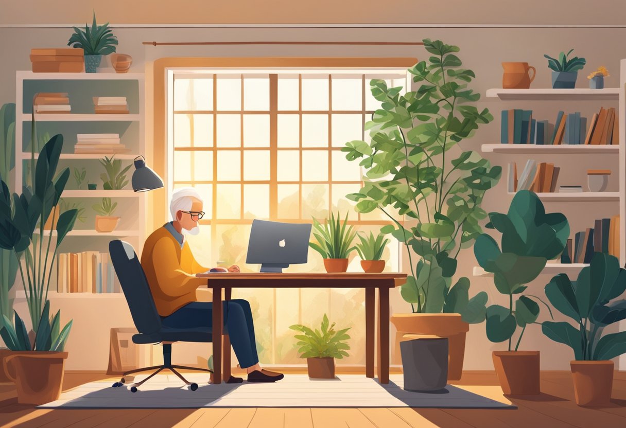 A senior sits at a laptop in a cozy home office, surrounded by plants and a cup of coffee. The sun streams in through the window, casting a warm glow on the scene