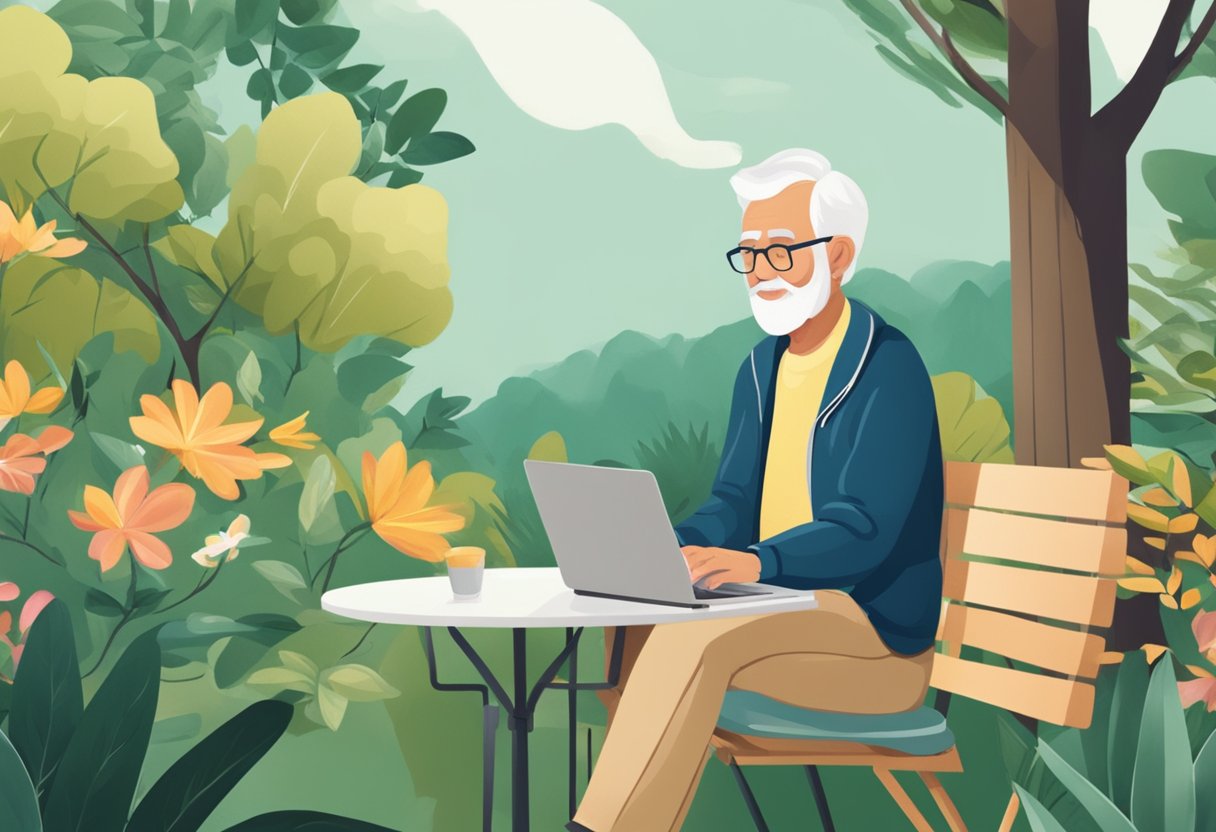 A senior sits at a laptop, surrounded by nature. A serene outdoor setting with a laptop and affiliate marketing materials