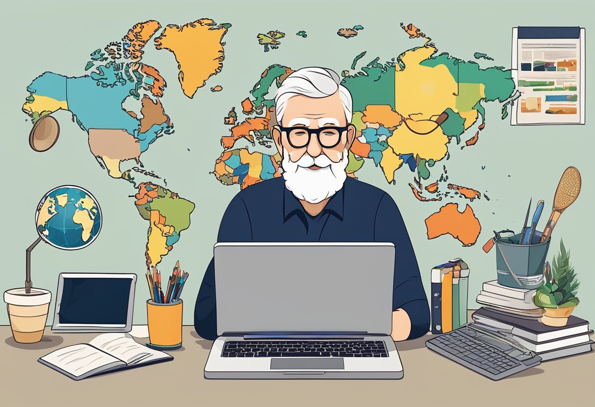 A senior sitting at a laptop, surrounded by various objects representing different hobbies and skills, with a world map in the background
