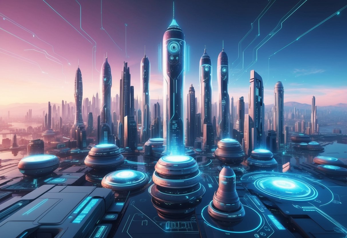 Um horizonte de cidade futurista com tecnologia avançada e inteligência artificial integrada à vida cotidiana