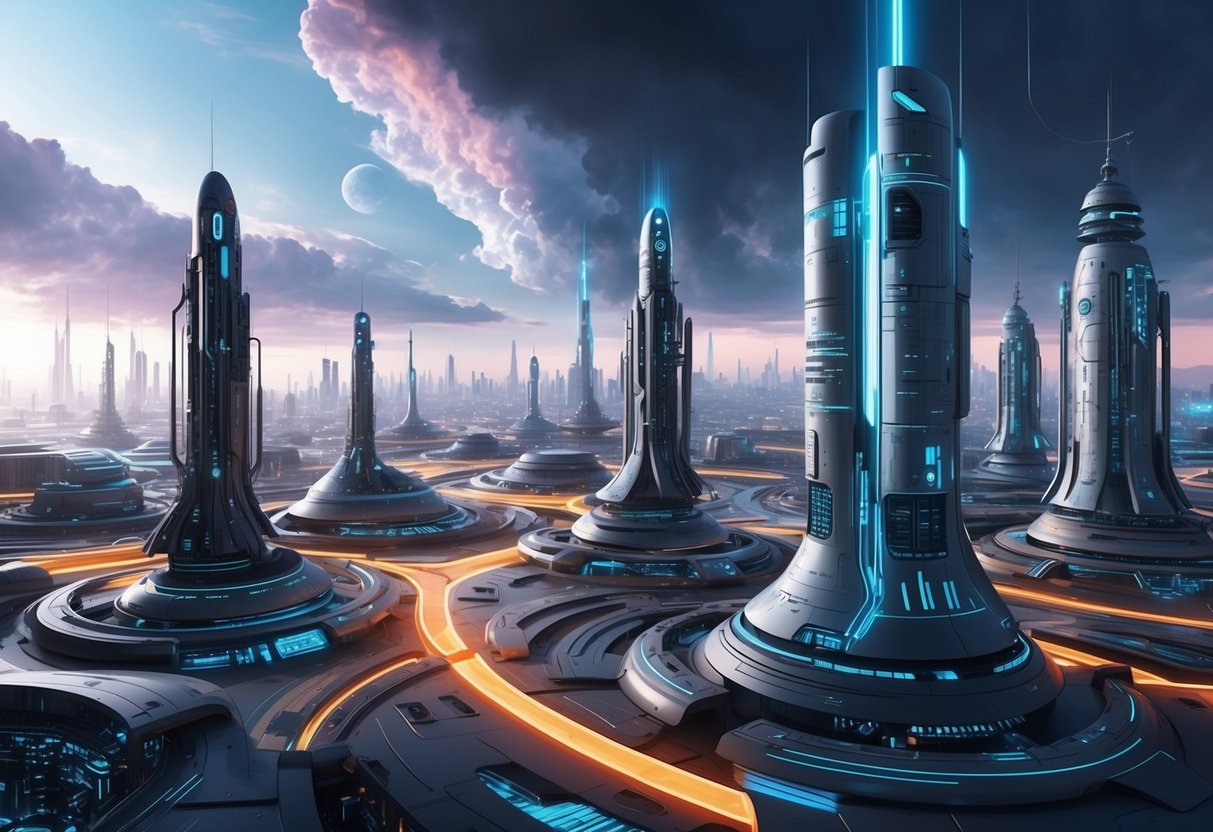 Uma paisagem urbana futurista com tecnologia avançada e inteligência artificial superando as expectativas humanas