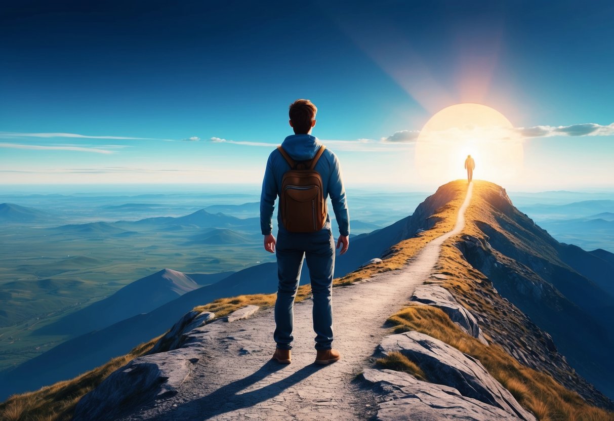 Uma pessoa em pé no topo de uma montanha, olhando para uma vasta paisagem com um caminho claro levando a um futuro brilhante e promissor.