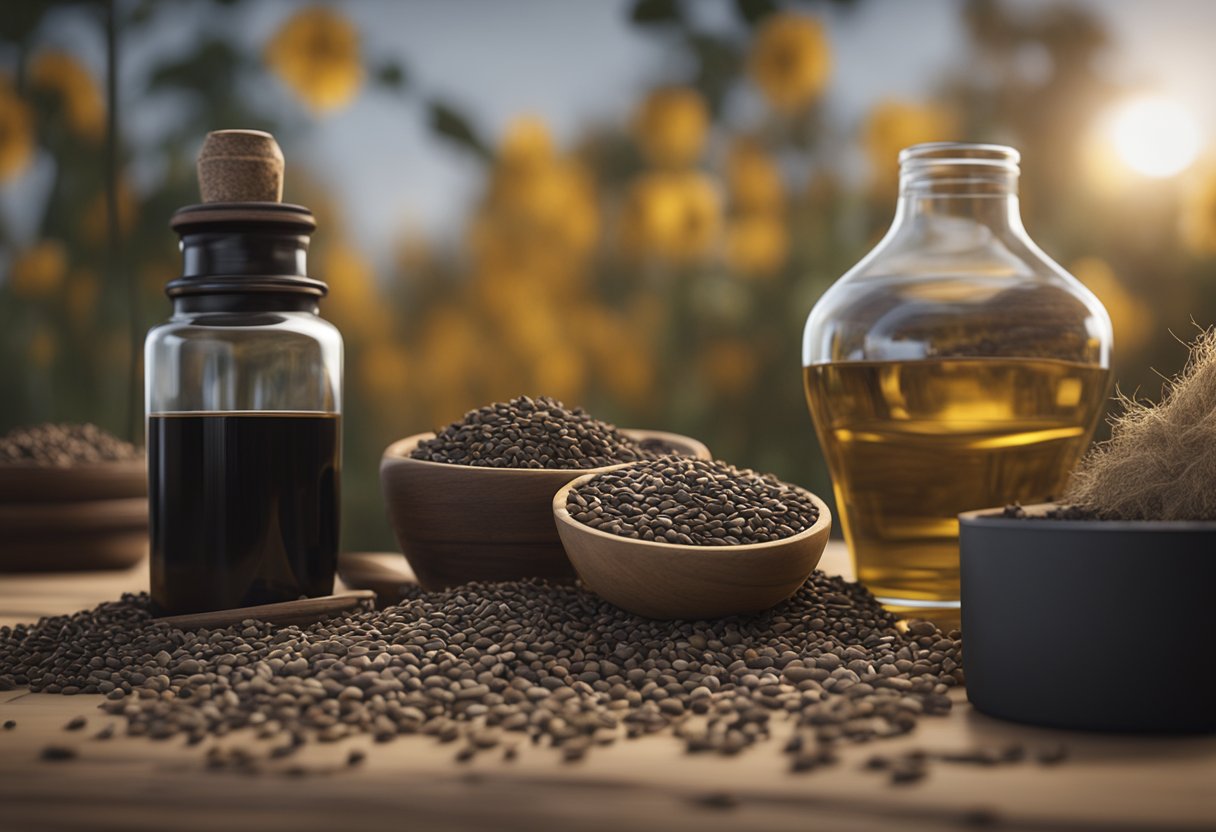 A rustic wooden press squeezing black seeds, surrounded by piles of seeds and a bottle of oil