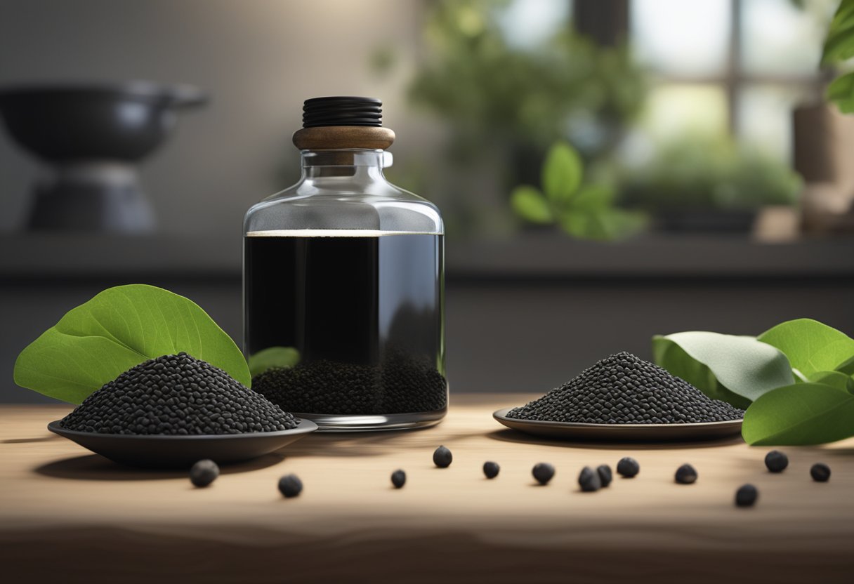 A bottle of cold-pressed black seed oil surrounded by fresh black seeds, green leaves, and a mortar and pestle