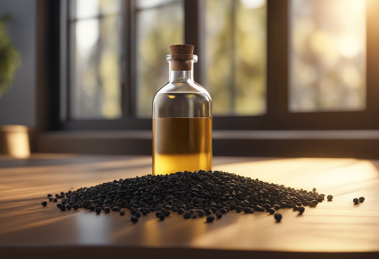 A bottle of cold-pressed black seed oil sits on a wooden table, surrounded by scattered black seeds and a dropper. Sunshine streams in through a nearby window, casting a warm glow on the scene