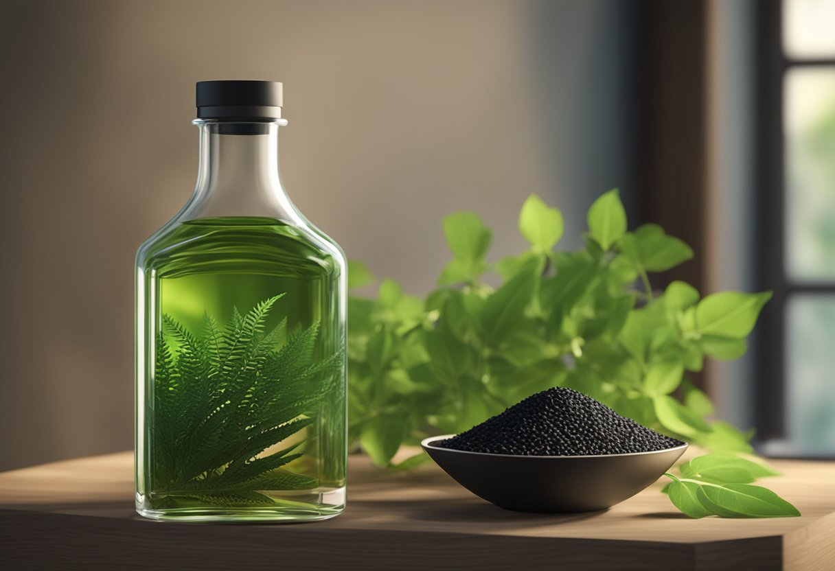 A glass bottle of black seed oil sits on a shelf, surrounded by green leaves and natural elements