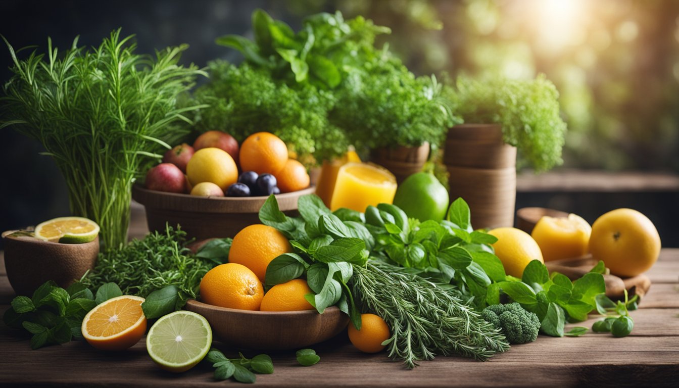 Fresh herbs and fruits on rustic table, ready for juicing