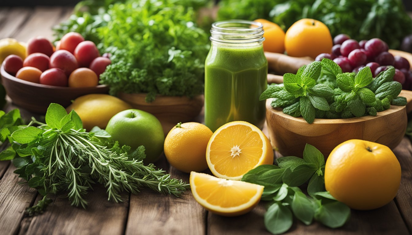 Fresh herbs and fruits on a wooden table, ready for juicing