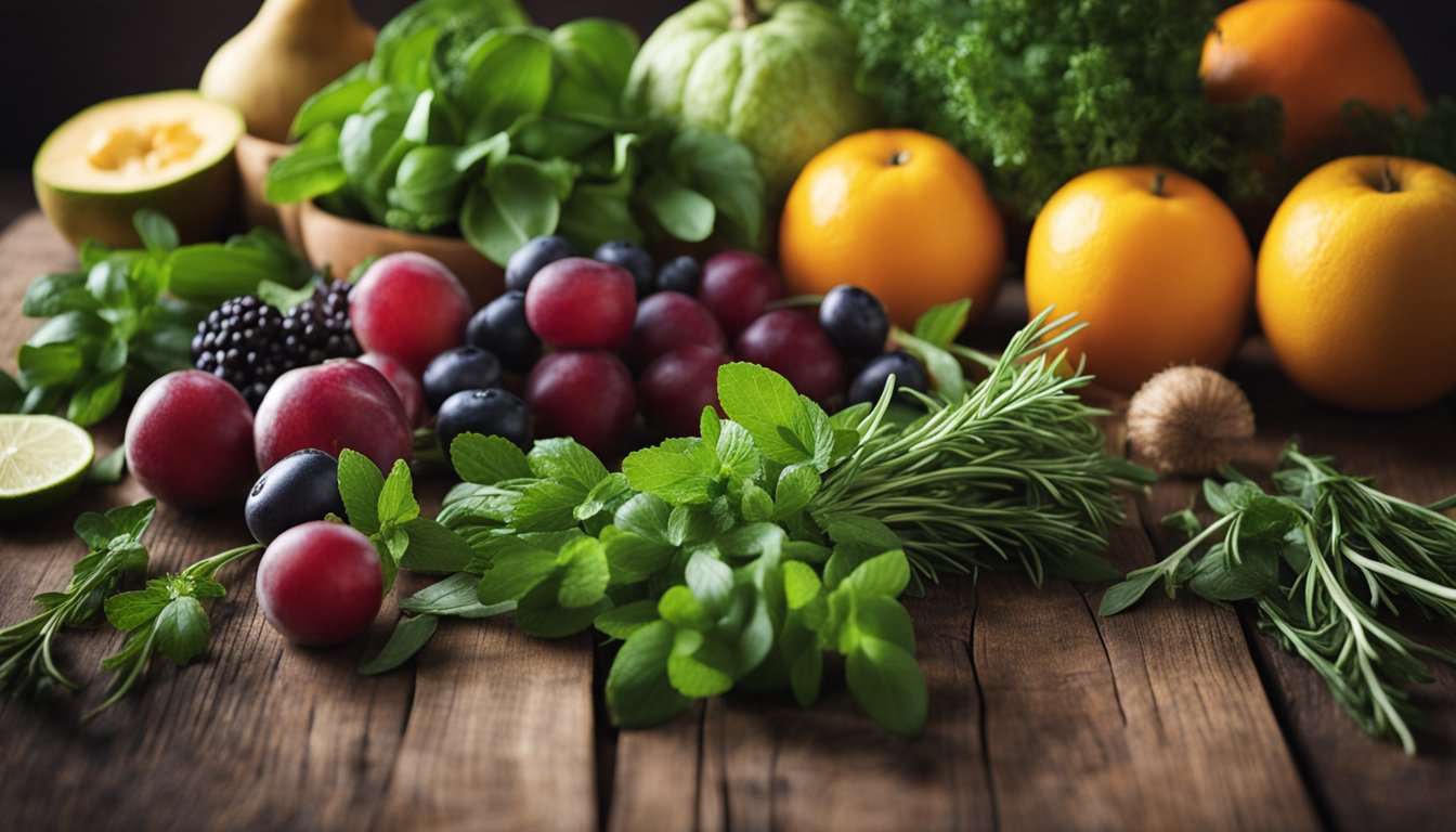 Fresh herbs and fruits on a wooden table, ready for juicing