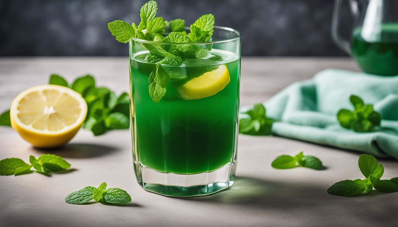 A glass of freshly poured herbal juice, vibrant green, adorned with mint leaves, lemon slices, and a sprig of parsley