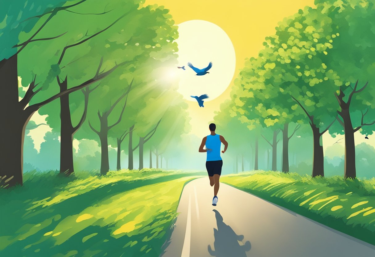 A person jogging through a park with green trees and a clear blue sky, with the sun shining and birds flying overhead